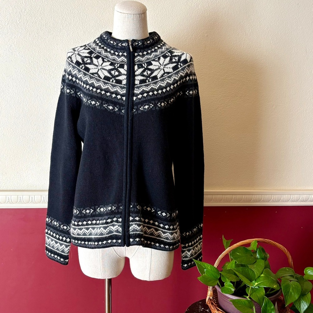Vintage Croft & Barrow Silk Angora Fair Isle Nordic Zip Cardigan Sweater Black S